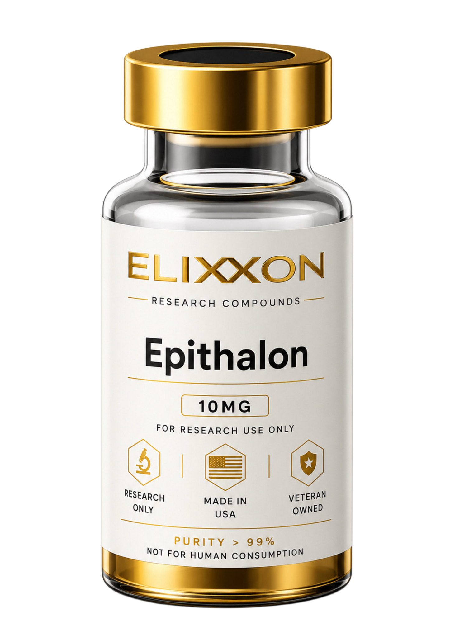 Elixxon Epithalon 10mg research peptide vial with gold cap and research-use-only label