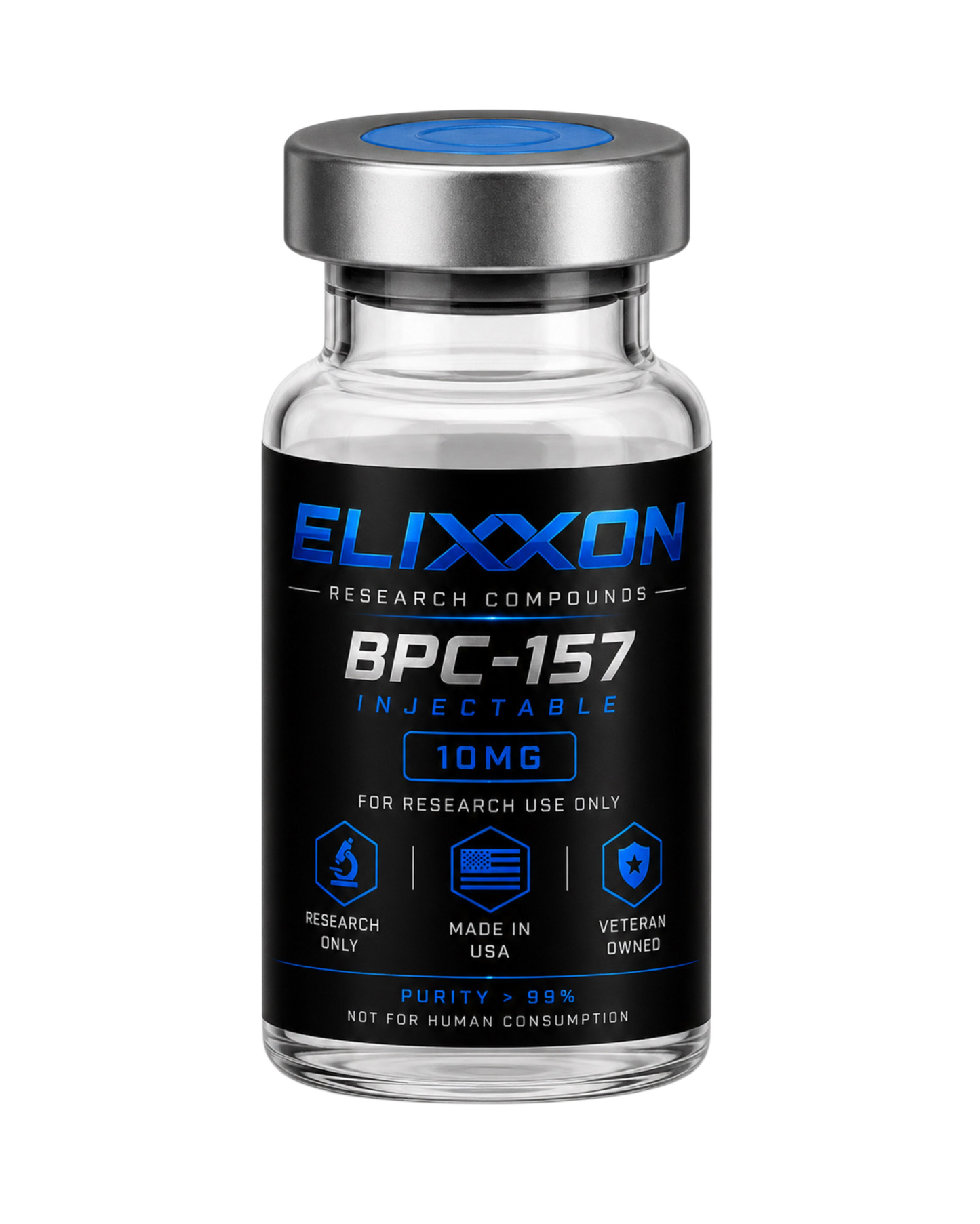 Elixxon BPC-157 10mg research peptide vial with black and blue label