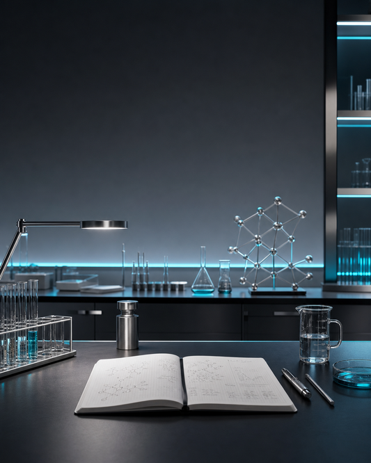 Futuristic laboratory research workspace with illuminated glassware, a research notebook, and cyan data-light details.