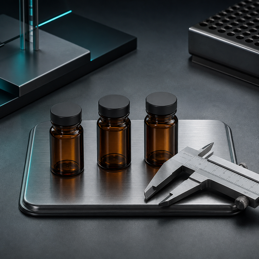 Laboratory vials and a precision caliper arranged for research-catalog documentation.