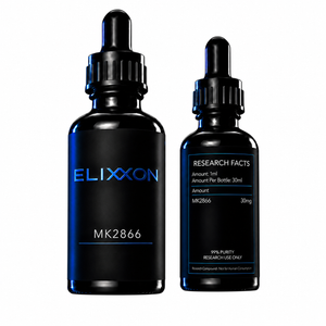 Elixxon MK-2866 research compound bottles with blue-on-black labels