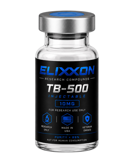 Elixxon TB-500 10mg research peptide vial with black and blue label