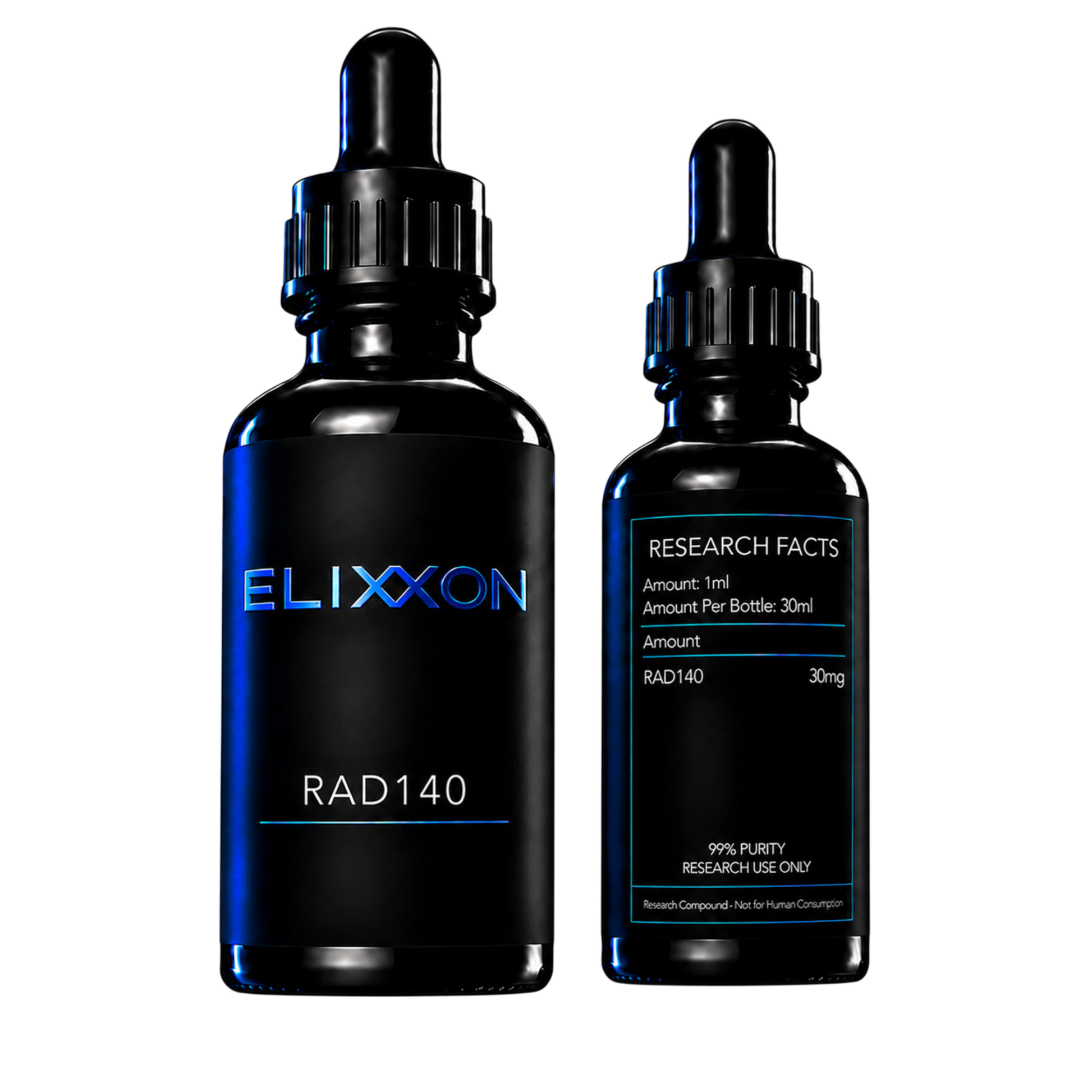 Elixxon RAD-140 research compound bottles with blue-on-black labels