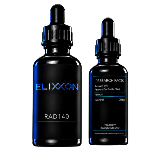 Elixxon RAD-140 research compound bottles with blue-on-black labels