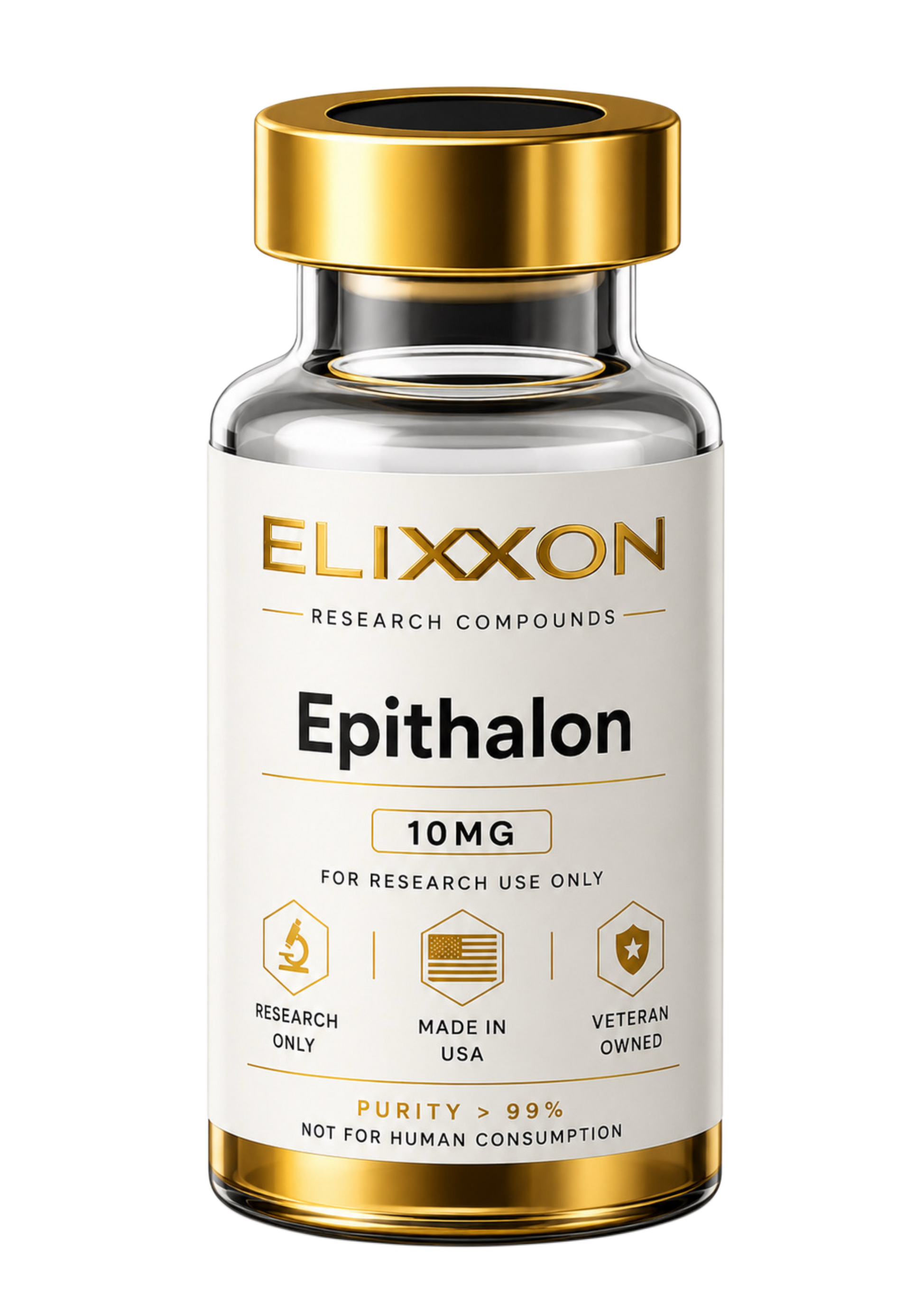 Elixxon Epithalon 10mg research peptide vial with gold cap and research-use-only label