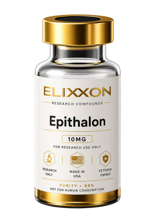 Elixxon Epithalon 10mg research peptide vial with gold cap and research-use-only label