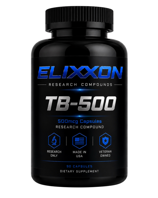 Elixxon TB-500 research capsules bottle with black and blue label