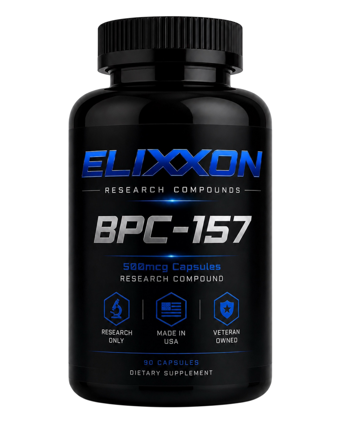 Elixxon BPC-157 research capsules bottle with black and blue label