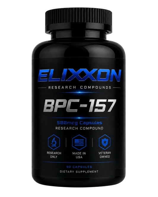 Elixxon BPC-157 research capsules bottle with black and blue label