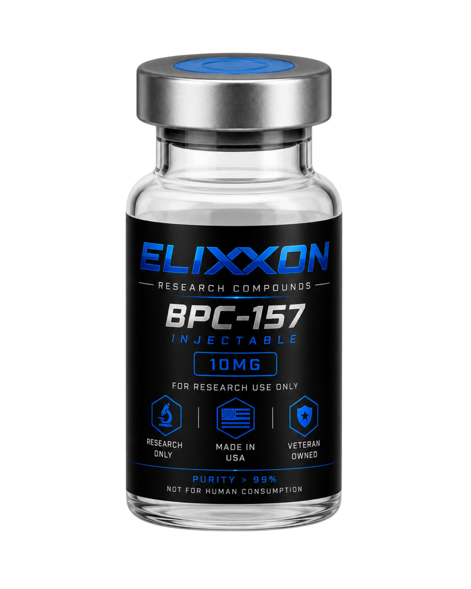 Elixxon BPC-157 10mg research peptide vial with black and blue label