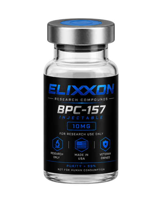 Elixxon BPC-157 10mg research peptide vial with black and blue label