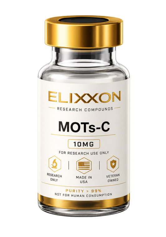 Elixxon MOTS-C 10mg research peptide vial with gold cap and research-use-only label
